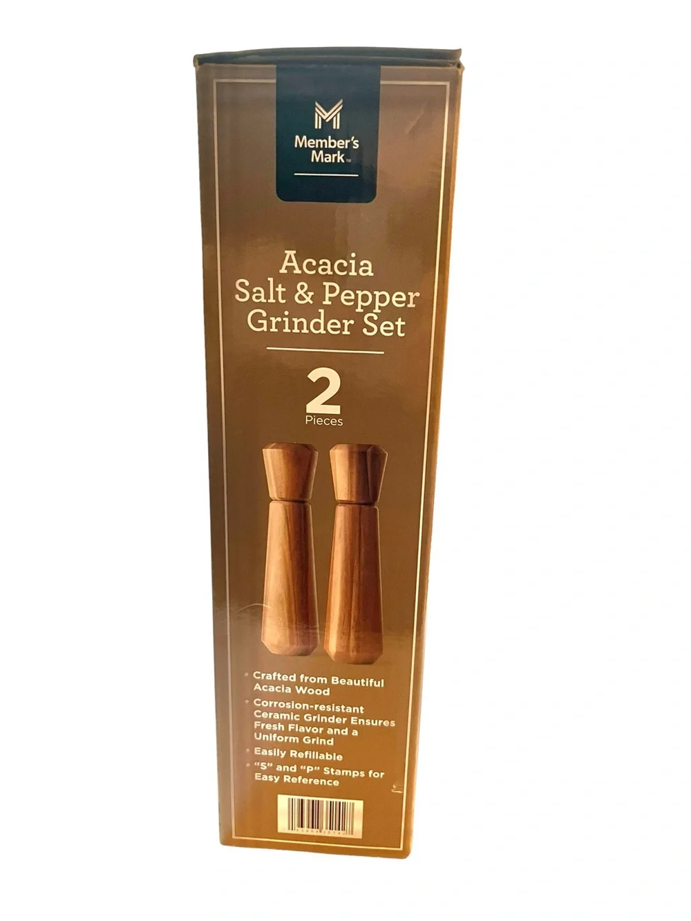 Member's Mark Acacia Salt & Pepper Grinder Set Natural Brown Scandanavian Rustic
